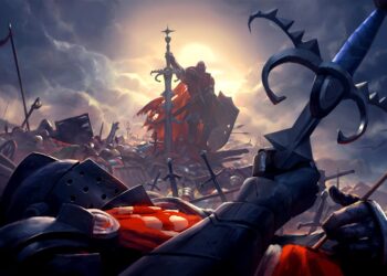 Un guerrero imponente se alza triunfante en el campo de batalla, rodeado de armas y estandartes bajo un cielo crepuscular en Old School RuneScape.