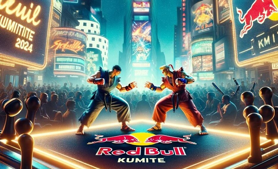 Evento de esports Red Bull Kumite 2024, con dos competidores en duelo de lucha, sobre un tablero de ajedrez iluminado, en una Times Square neón