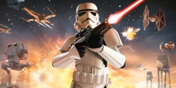 Soldado en armadura blanca empuñando un bláster con batalla espacial de vehículos y explosiones de fondo, evocando el universo de Star Wars.