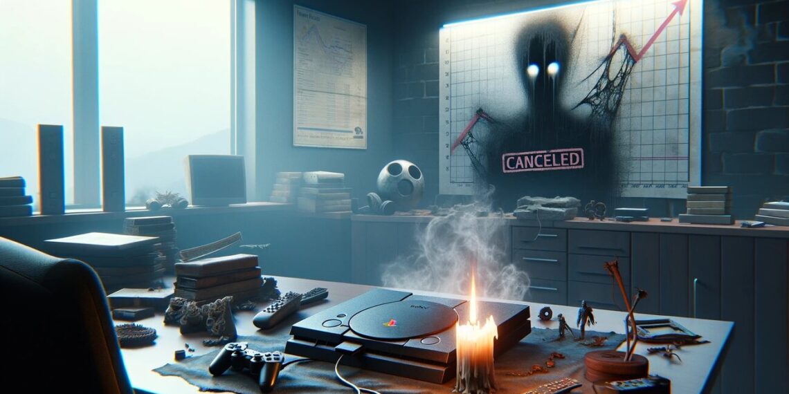 Una oficina sombría con una consola PlayStation apagada y velas fundidas sobre el escritorio, con un póster de 'Cancelado' y un gráfico descendente, reflejando los tiempos difíciles de Sony