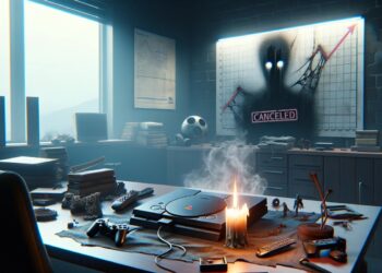 Una oficina sombría con una consola PlayStation apagada y velas fundidas sobre el escritorio, con un póster de 'Cancelado' y un gráfico descendente, reflejando los tiempos difíciles de Sony