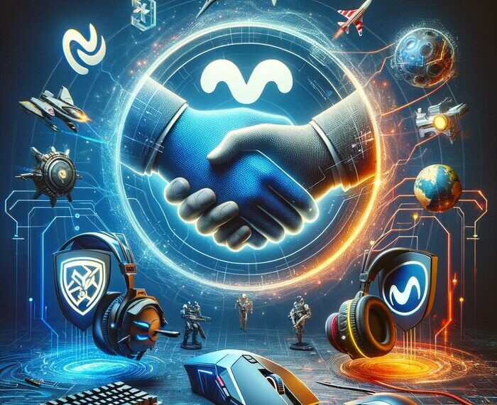 Imagen futurista representando la adquisición en el sector de esports, con un apretón de manos digital entre símbolos abstractos sobre un fondo tecnológico con periféricos de juegos