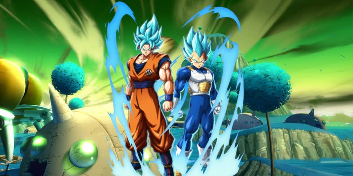 Goku e Vegeta em suas poderosas formas Super Saiyan Azul, prontos para a batalha em Dragon Ball FighterZ