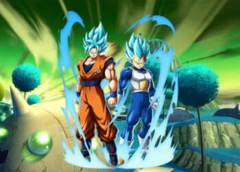 Goku e Vegeta em suas poderosas formas Super Saiyan Azul, prontos para a batalha em Dragon Ball FighterZ