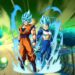 Goku e Vegeta em suas poderosas formas Super Saiyan Azul, prontos para a batalha em Dragon Ball FighterZ