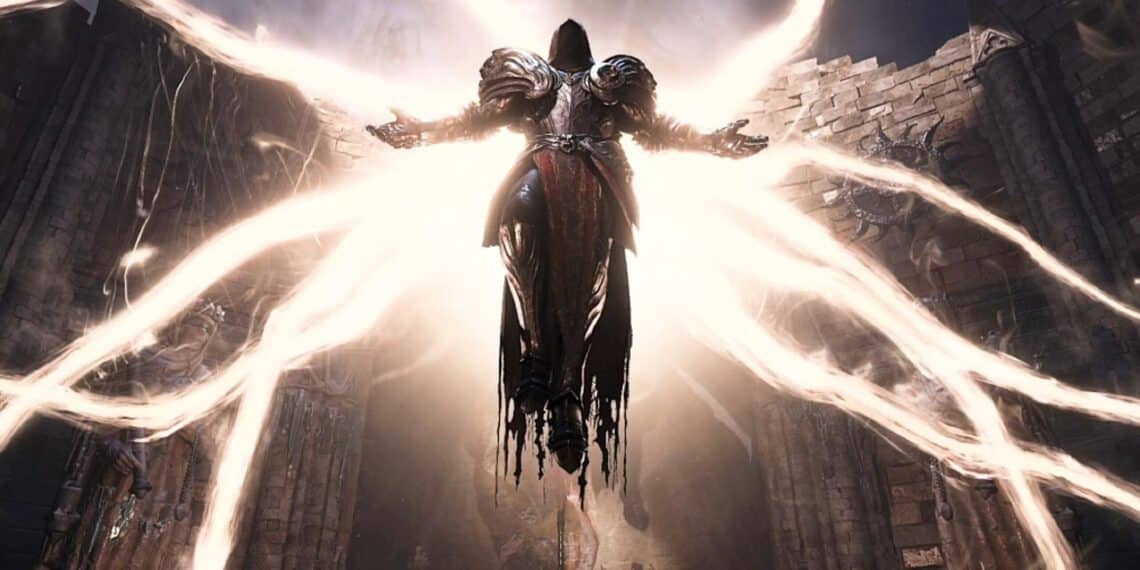 A dramatic image from Diablo 4 showing a dark, angelic figure with outstretched arms surrounded by electric energy, with foreboding medieval architecture and a horde of creatures in the background.