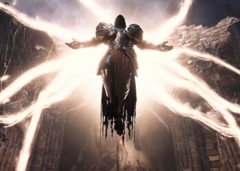 A dramatic image from Diablo 4 showing a dark, angelic figure with outstretched arms surrounded by electric energy, with foreboding medieval architecture and a horde of creatures in the background.