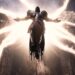 A dramatic image from Diablo 4 showing a dark, angelic figure with outstretched arms surrounded by electric energy, with foreboding medieval architecture and a horde of creatures in the background.