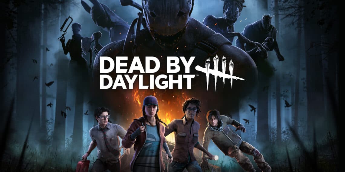 Promotional image for "Dead by Daylight" featuring four survivors with determined expressions, readying to face off against shadowy, monstrous killers in a fog-filled, eerie forest.
