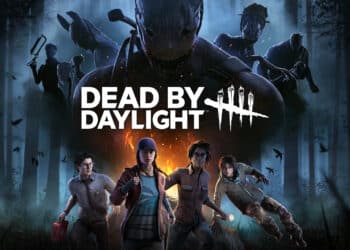 Promotional image for "Dead by Daylight" featuring four survivors with determined expressions, readying to face off against shadowy, monstrous killers in a fog-filled, eerie forest.