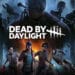 Promotional image for "Dead by Daylight" featuring four survivors with determined expressions, readying to face off against shadowy, monstrous killers in a fog-filled, eerie forest.