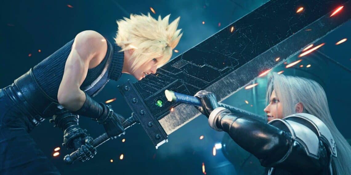 Dos personajes del videojuego Final Fantasy 7, uno con cabello rubio y otro plateado, en un tenso enfrentamiento con espadas.