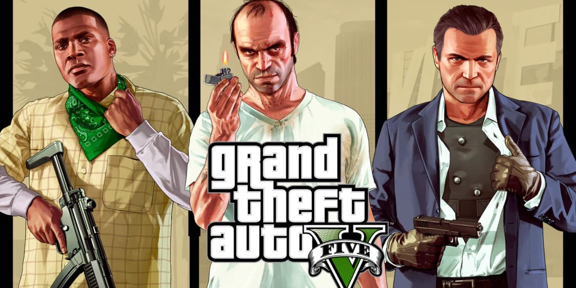 Imagen promocional de Grand Theft Auto V con los tres personajes principales, Franklin, Michael y Trevor, en poses carismáticas con armas.