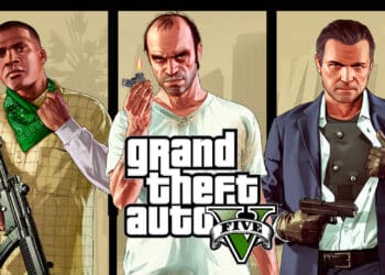 Imagen promocional de Grand Theft Auto V con los tres personajes principales, Franklin, Michael y Trevor, en poses carismáticas con armas.