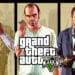 Imagen promocional de Grand Theft Auto V con los tres personajes principales, Franklin, Michael y Trevor, en poses carismáticas con armas.