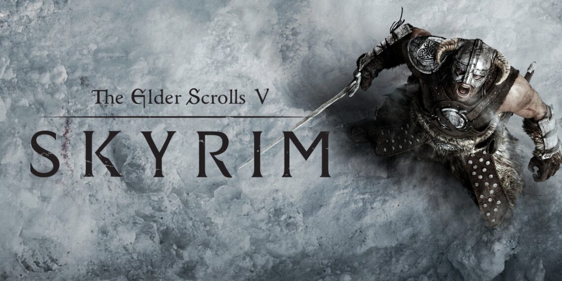 Cover art for "The Elder Scrolls V: Skyrim" depicting a warrior in heavy armor shouting, with a sword drawn, against a frosty background, symbolizing the game's epic fantasy setting.