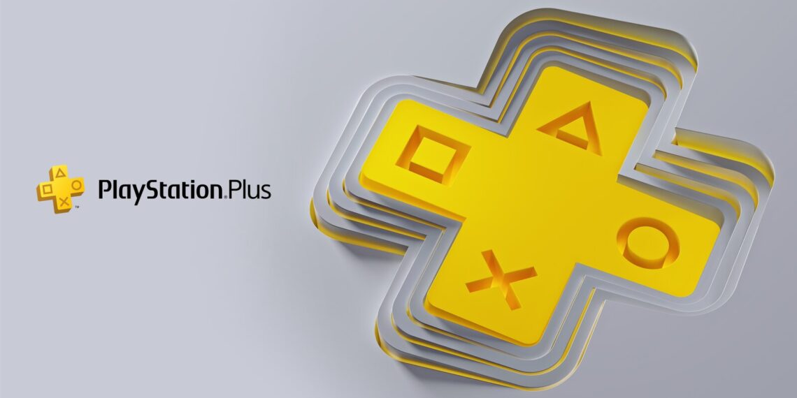 Ícone do PlayStation Plus em 3D amarelo destacando-se sobre fundo cinza claro, com os símbolos clássicos do PlayStation em relevo