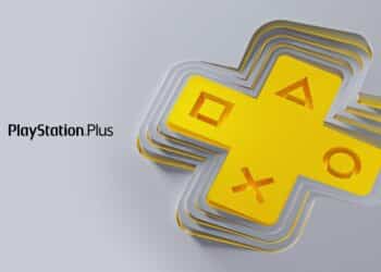 Ícone do PlayStation Plus em 3D amarelo destacando-se sobre fundo cinza claro, com os símbolos clássicos do PlayStation em relevo