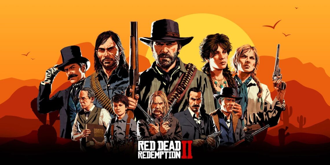 Imagem promocional de Red Dead Redemption 2 com personagens principais em destaque sobre fundo laranja representando o pôr do sol do Velho Oeste
