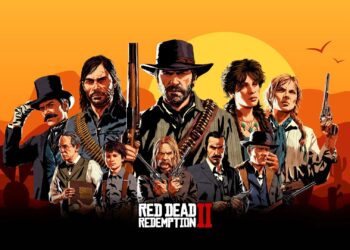 Imagem promocional de Red Dead Redemption 2 com personagens principais em destaque sobre fundo laranja representando o pôr do sol do Velho Oeste