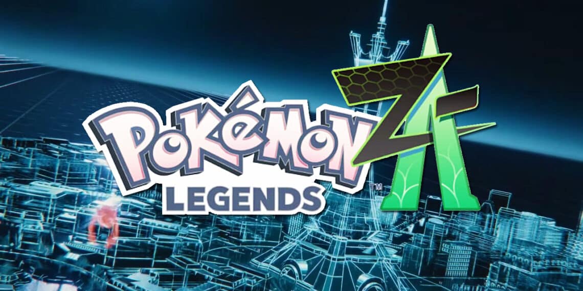 Imagem promocional de "Pokémon Legends Z-A" com o título estilizado sobre um fundo futurista de cidade cibernética em tons de azul