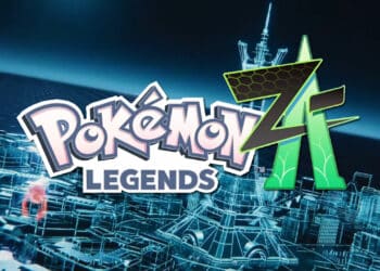 Imagem promocional de "Pokémon Legends Z-A" com o título estilizado sobre um fundo futurista de cidade cibernética em tons de azul