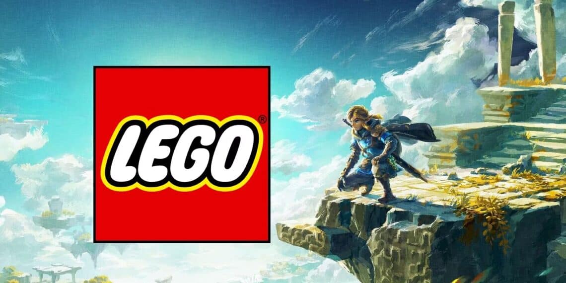 Promotional image for an article featuring LEGO® and The Legend of Zelda: a vivid painting of Link standing on a cliff, with the LEGO® logo superimposed on the left