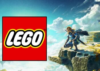 Promotional image for an article featuring LEGO® and The Legend of Zelda: a vivid painting of Link standing on a cliff, with the LEGO® logo superimposed on the left