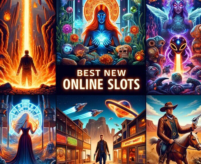 Vibrant collage for 'Best New Online Slots', with themes of fiery mines, mystical elements, alien invasions, and Wild West adventures