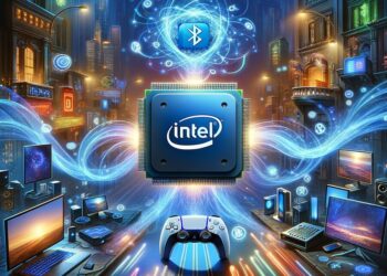 A vivid illustration of an Intel chip at the heart of a futuristic cityscape, radiating Bluetooth connectivity to a PS5 DualSense controller and other devices