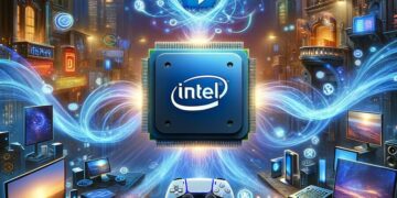 A vivid illustration of an Intel chip at the heart of a futuristic cityscape, radiating Bluetooth connectivity to a PS5 DualSense controller and other devices