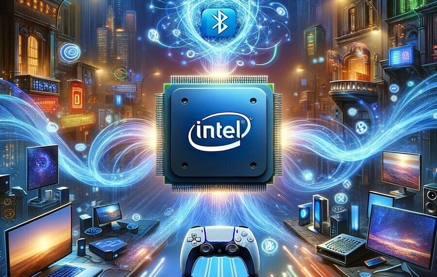 A vivid illustration of an Intel chip at the heart of a futuristic cityscape, radiating Bluetooth connectivity to a PS5 DualSense controller and other devices