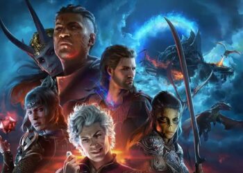 Héroes y criaturas míticas se enfrentan en un épico choque de destinos en el vibrante arte conceptual de Baldur's Gate 3.