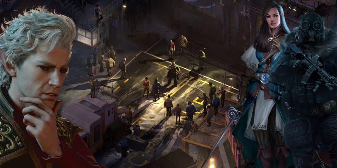 Image displaying a montage for a CRPG game, with a thoughtful man in the foreground, an armored woman, and a gas-masked soldier, set against a chaotic urban background of unrest and battle.