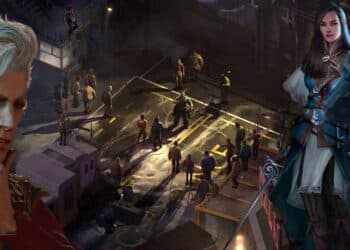 Image displaying a montage for a CRPG game, with a thoughtful man in the foreground, an armored woman, and a gas-masked soldier, set against a chaotic urban background of unrest and battle.