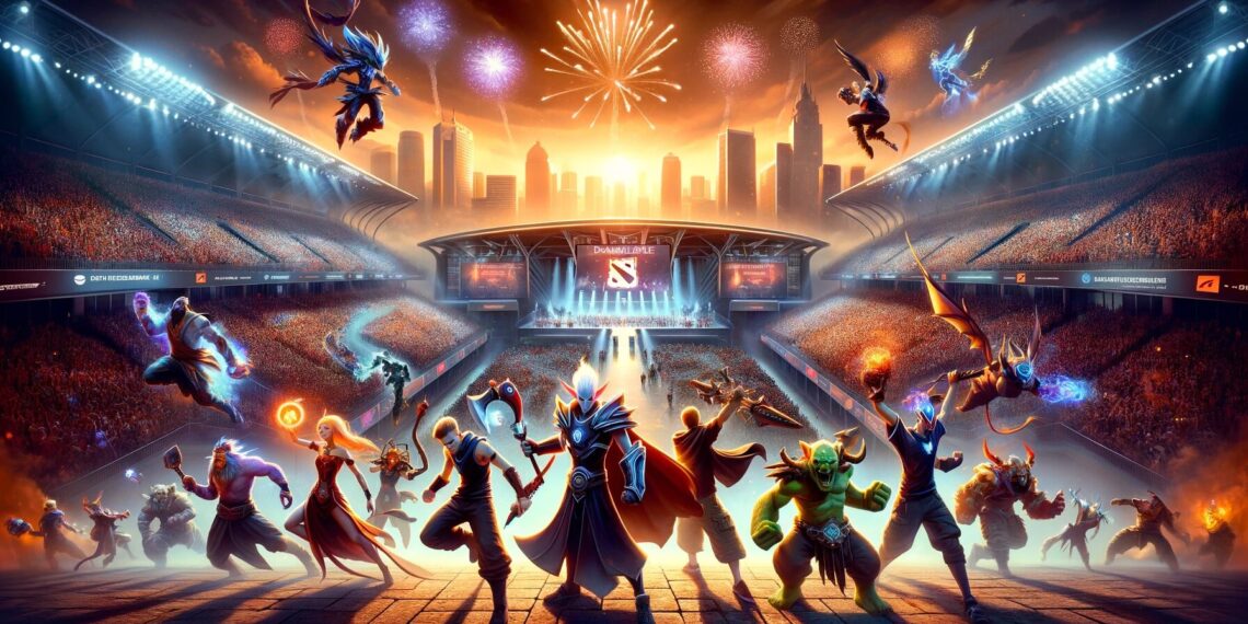 Escena de campeonato de esports con personajes de Dota 2 en estadio lleno, fuegos artificiales y ciudad al atardecer