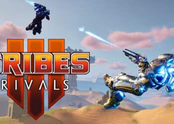 Promotional artwork for "Tribes Rivals" depicting two armored warriors in mid-flight combat over a desert landscape, showcasing high-octane action and futuristic battle gear.