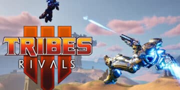Promotional artwork for "Tribes Rivals" depicting two armored warriors in mid-flight combat over a desert landscape, showcasing high-octane action and futuristic battle gear.