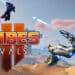 Promotional artwork for "Tribes Rivals" depicting two armored warriors in mid-flight combat over a desert landscape, showcasing high-octane action and futuristic battle gear.