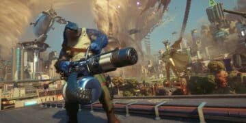 King Shark, armado con un cañón giratorio, se prepara para la batalla en el vibrante y futurista mundo de Suicide Squad