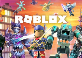 Coleção vibrante de avatares do Roblox, mostrando diversos personagens, de guerreiros a robôs, em ação com cenário urbano ao fundo, representando a criatividade do jogo