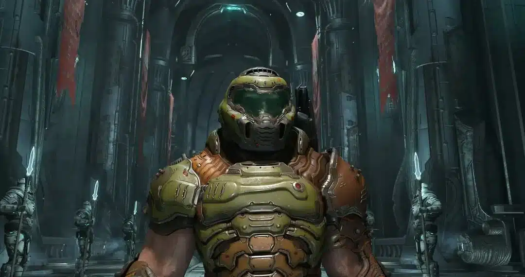 Armored FPS protagonist in eerie hall; "Doom's undying gaming legacy."