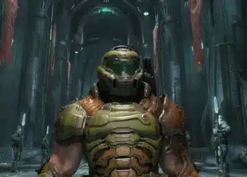 Armored FPS protagonist in eerie hall; "Doom's undying gaming legacy."