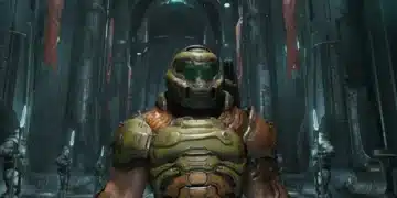 Armored FPS protagonist in eerie hall; "Doom's undying gaming legacy."