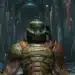 Armored FPS protagonist in eerie hall; "Doom's undying gaming legacy."