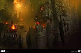 Doom's eerie hellish landscape lit by ominous torches.