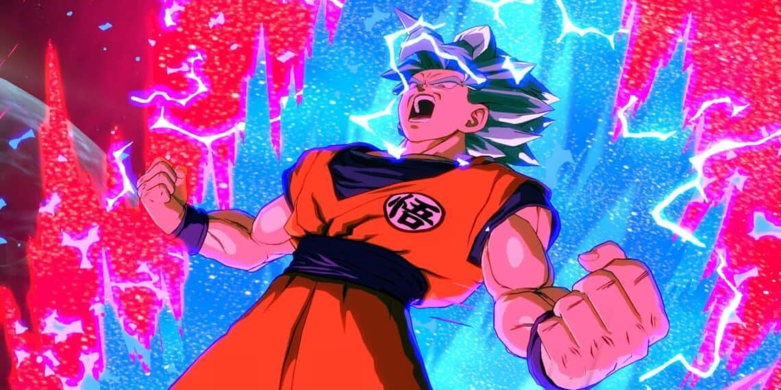 Goku transformado en Super Saiyan Azul, cargado de energía, contra un fondo dinámico de energía roja y azul en Dragon Ball FighterZ