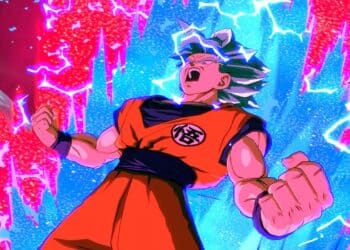Goku transformado en Super Saiyan Azul, cargado de energía, contra un fondo dinámico de energía roja y azul en Dragon Ball FighterZ