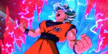 Goku transformado en Super Saiyan Azul, cargado de energía, contra un fondo dinámico de energía roja y azul en Dragon Ball FighterZ