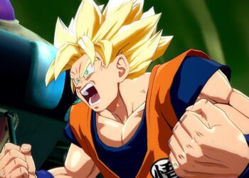 Goku Super Saiyan exibe poder e fúria em intensa cena de luta do jogo Dragon Ball FighterZ